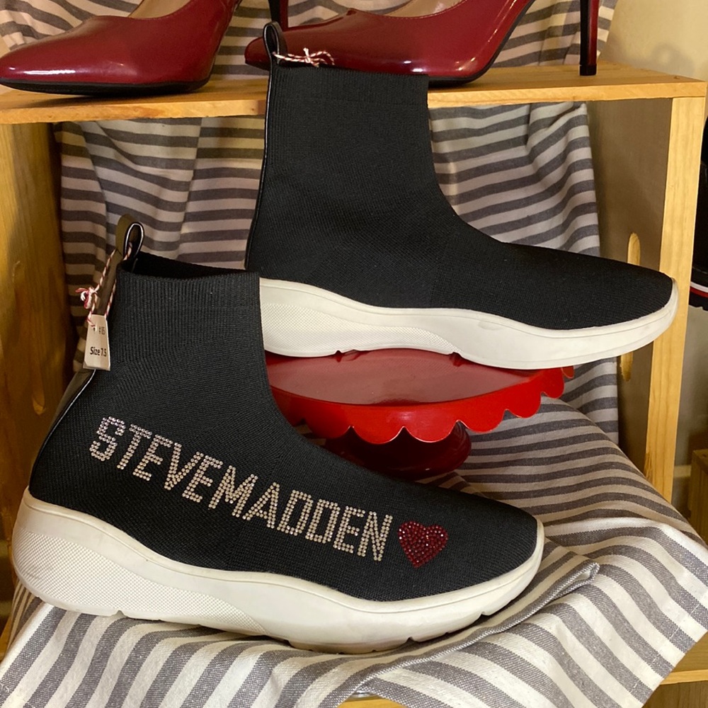 #85 Steve Madden Stretch Sneakers - Black & White w/Silver & Red Rhinestones